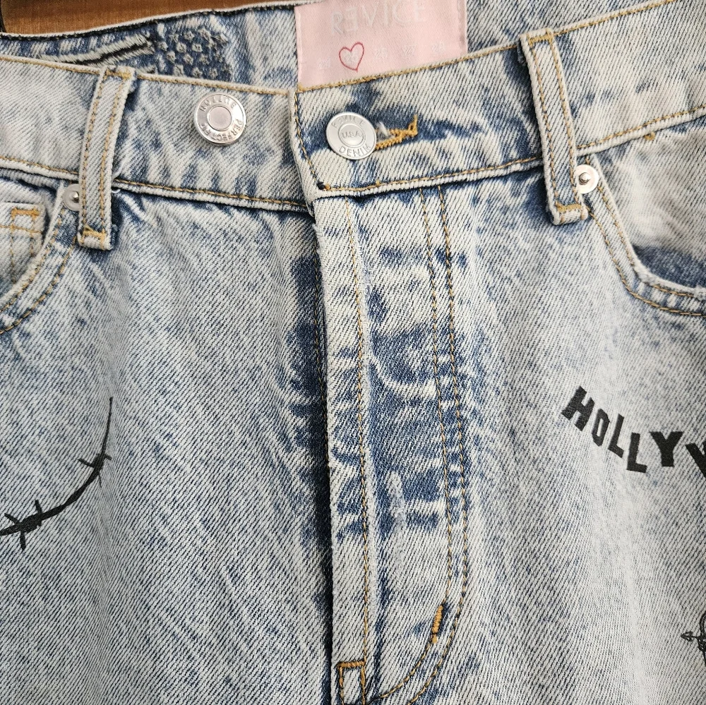Revice Denim Jeans Sz 25 Distressed Graphics Hollywood Snake Rose Los Angeles - Picture 4 of 10